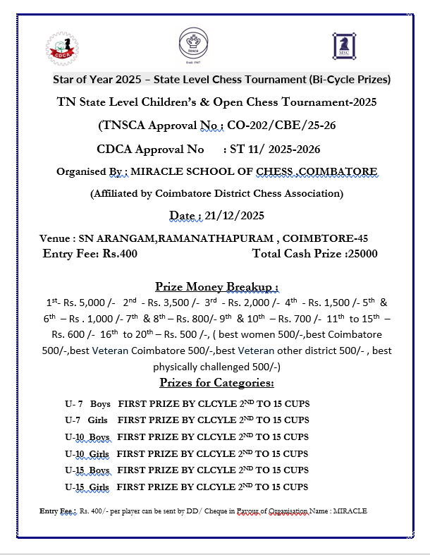 TN State Level Childrens & Open Chess Tournament-2025